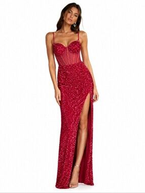 Banjul Red Sequin Bustier Mesh Inlay Sexy Glam Luxe Party Strappy Gala Gown Sz 0
